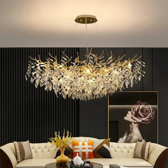 Gold crystal LED chandelier by DECORBITES featuring sparkling crystals and elegant lighting for luxurious home decor.