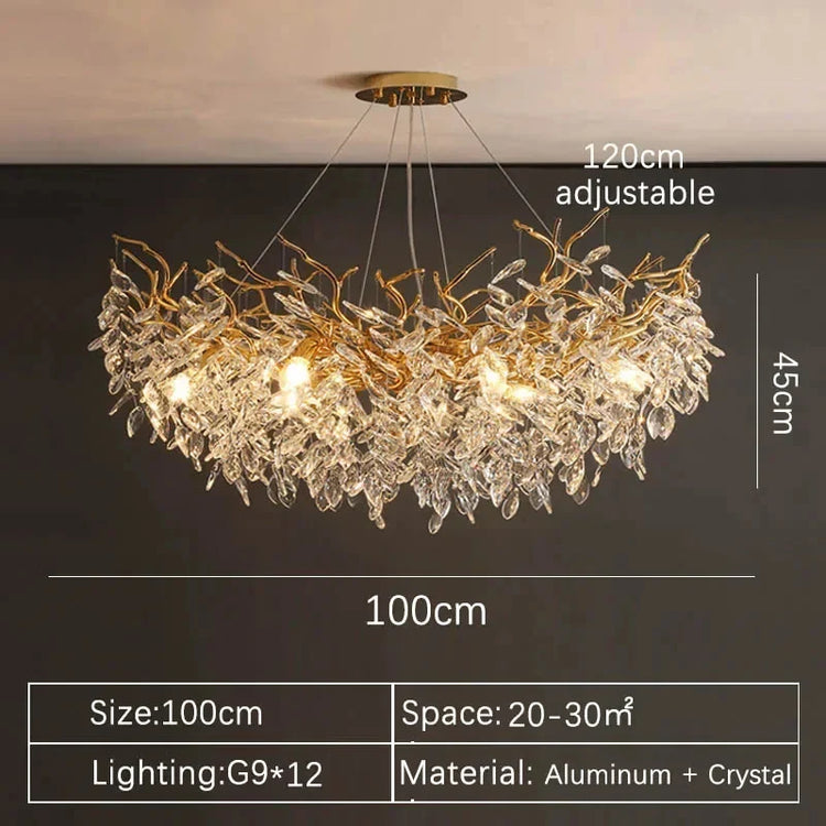 Gold crystal LED chandelier by DECORBITES featuring elegant hanging crystals and warm lighting for luxurious home decor.