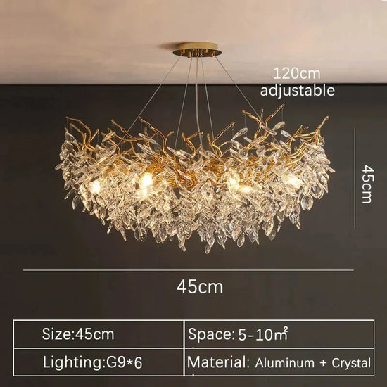Gold crystal LED chandelier by DECORBITES featuring sparkling crystals and modern lighting design for elegant home decor.