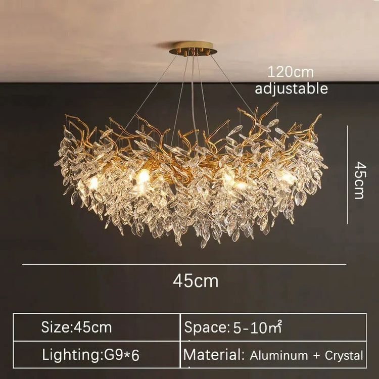 Gold crystal LED chandelier by DECORBITES featuring sparkling crystals and modern lighting design for elegant home decor.