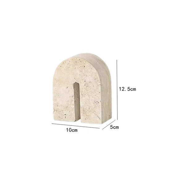 Decorbites archway-shaped travertine sculpture figurine, elegant home decor accent, showcasing natural stone texture and modern design.