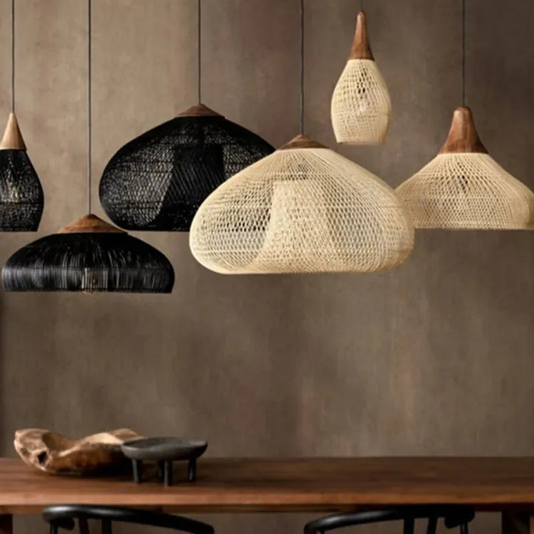 Vintage handmade rattan pendant light by Dlight Decor, Japanese-style lighting for kitchen island or dining room decor.