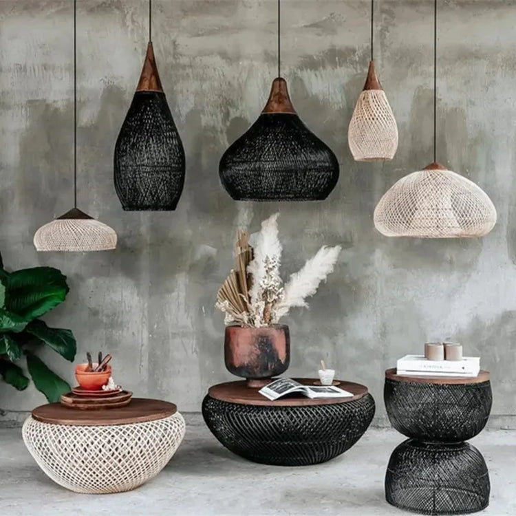 Vintage handmade rattan pendant lamp by Dlight Decor, Japanese style lighting for kitchen island and dining room decor.