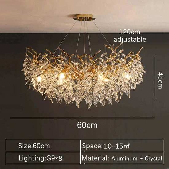 Gold crystal LED chandelier by DECORBITES with sparkling crystals and warm LED lighting, elegant lighting fixture for luxurious interiors