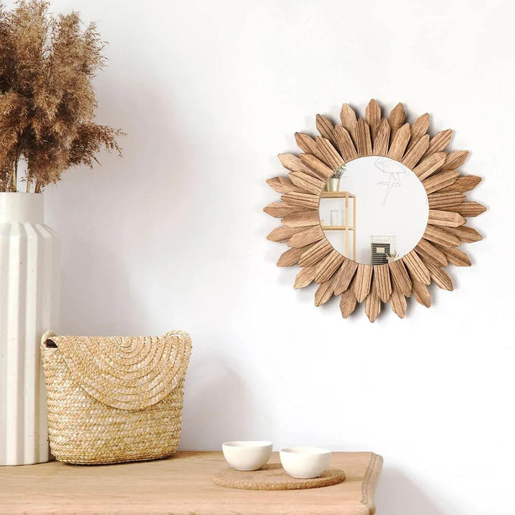 12-Inch Rustic Wood Boho Mirror for Living Room & Bedroom – Farmhouse Wall Decor