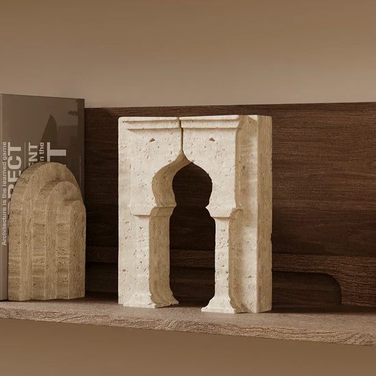 Decorbites archway-shaped travertine sculpture figurine for home decor, showcasing a smooth, natural stone design with elegant arch details.