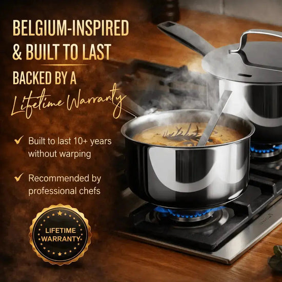 Alva Cookware 8-quart stock pot with lid, part of a 6-piece cookware set, stainless steel construction, suitable for large meals.