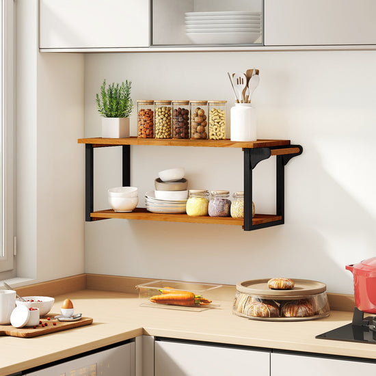 Teak wood wall-mounted floating shelves with an integrated towel bar, ideal for bathroom or kitchen storage.