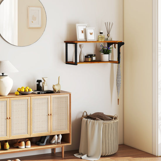 Teak wood wall-mounted floating shelves with integrated towel bar for bathroom or kitchen storage, by DirectDeals.
