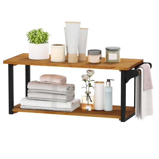 Teak wood wall-mounted floating shelves with integrated towel bar, ideal for bathroom or living space storage.