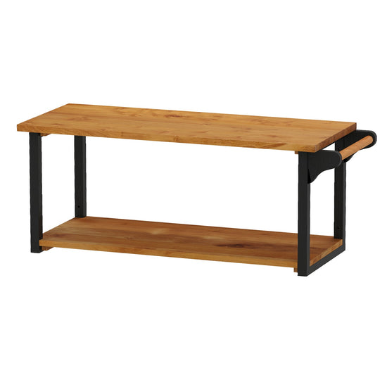 Teak wood wall-mounted floating shelves with integrated towel bar, ideal for bathroom or living space storage and organization.