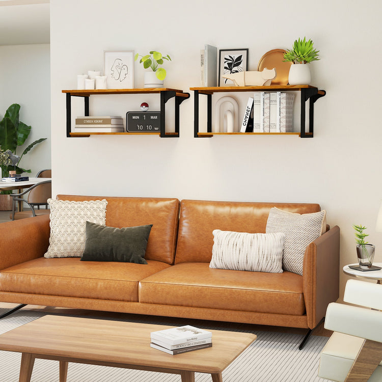 Teak wood wall-mounted floating shelves with integrated towel bar, ideal for bathroom or living space storage.
