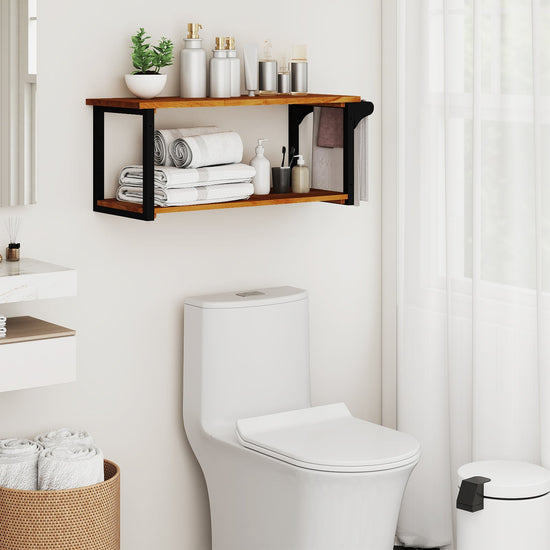 Teak wood wall-mounted floating shelves with integrated towel bar, ideal for bathroom or living space storage.