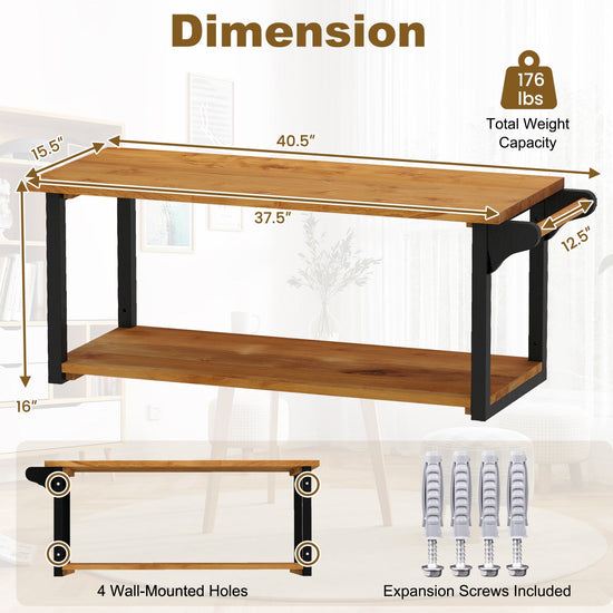 Teak wood wall-mounted floating shelves with towel bar, ideal for bathroom or living space storage and organization.