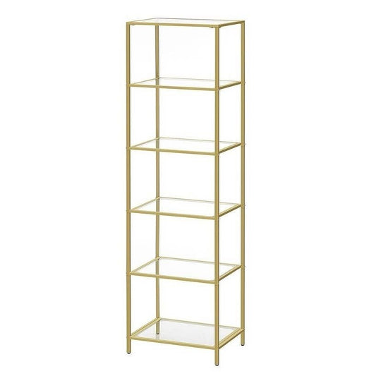 Narrow Glass Shelf Bookcase in Gold with Steel Frame – Modern Home & Kitchen