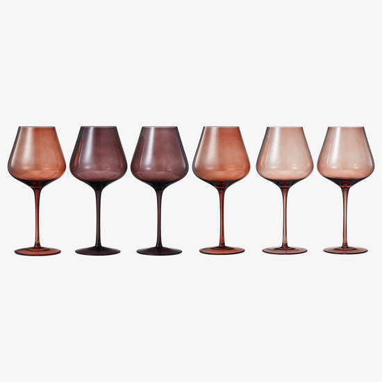 Set of six Venus Fortuna stemmed wine glasses by Khen Site, 20 oz brown glassware for entertaining and elegant sipping.