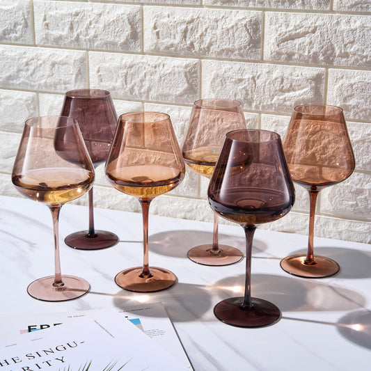 Set of 6 brown Venus Fortuna stemmed wine glasses, 20 oz, elegant glassware for entertaining, by Khen Site.