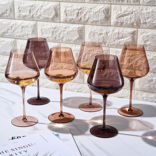 Set of 6 brown Venus Fortuna stemmed wine glasses, 20 oz, elegant glassware for entertaining, by Khen Site.