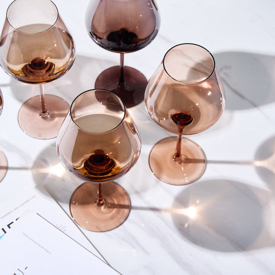 Set of six Venus Fortuna brown stemmed wine glasses, 20 oz, elegant glassware for entertaining by Khen Site.