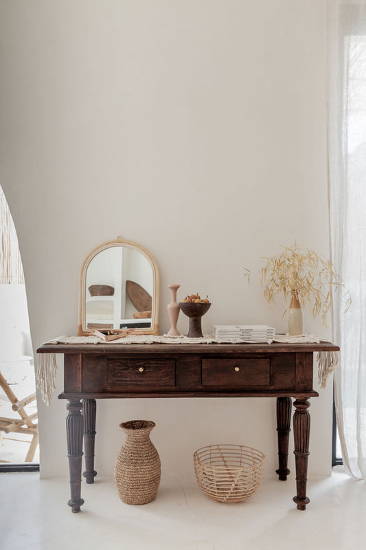 Handmade arch rattan wall mirror with natural boho design, showcasing intricate rattan weaving and a stylish, curved frame.