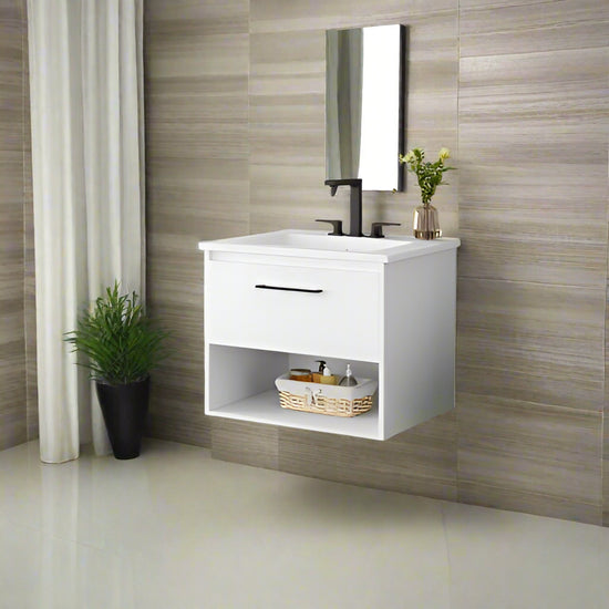 Modern Wall Mounted Bathroom Vanity in White Wood Finish with Ceramic - Modern Home & Kitchen