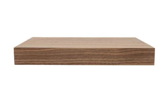 Walnut real wood floating kitchen shelves by Dogberrycollections mounted on a wall with kitchen accessories displayed