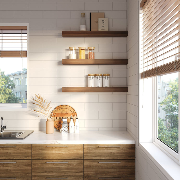 Walnut wood floating kitchen shelves from Dogberrycollections displayed in a modern kitchen setting.
