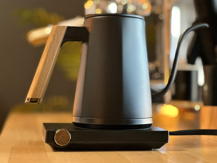 Turin Electric Pour Over Kettle by Espresso Outlet LLC, stainless steel electric kettle with a sleek handle and spout for precise pouring.