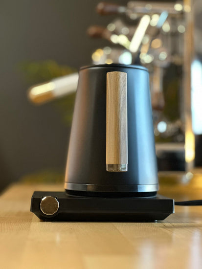 Turin Electric Pour Over Kettle by Espresso Outlet LLC with a sleek stainless steel design and ergonomic handle.