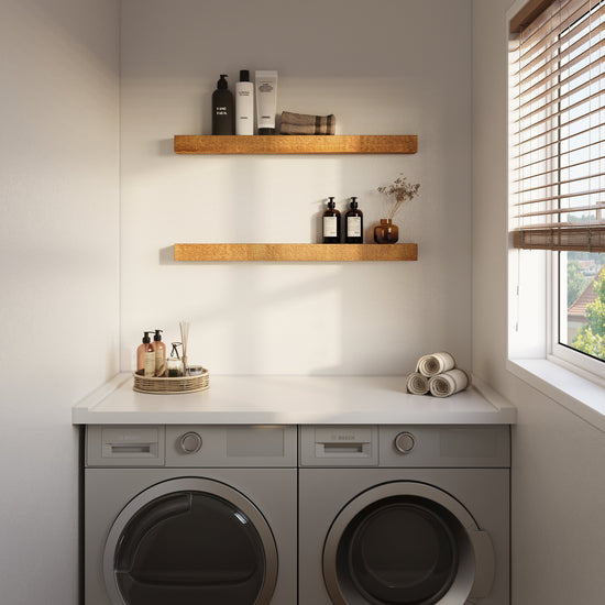 White pine floating kitchen shelf by Dogberrycollections, showcasing a real wood design mounted in a modern laundry or kitchen space