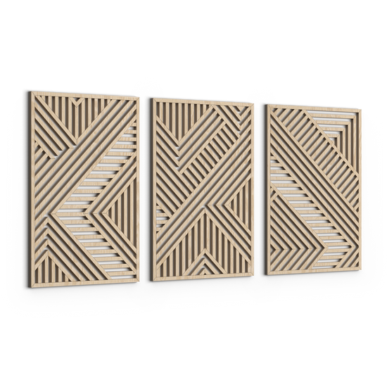 Geometric Trio Wood Wall Art Set by VARBROS, modern minimalist 3-panel CNC laser-cut wooden wall decor on white background.