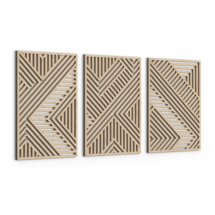 Geometric Trio Wood Wall Art Set by VARBROS, modern minimalist 3-panel CNC laser-cut wooden wall decor on white background.