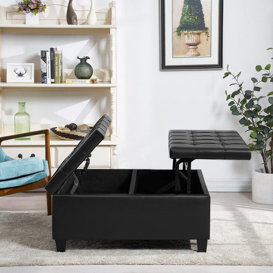 Large Square Faux Leather Storage Ottoman | Coffee Table | Modern Black Design for Living Room | 35.83" | Practical and Stylish Furniture