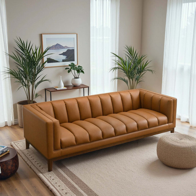 Mid Century Cognac Sofa by HouseOfZazla, Melissa vegan leather living room couch with sleek mid-century design and plush cushions.