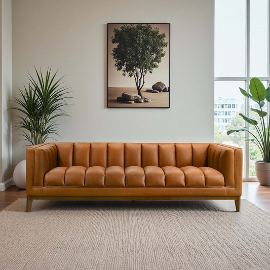 Mid Century Cognac Sofa by HouseOfZazla with Melissa vegan leather, featuring plush cushions and sleek wooden legs for modern living rooms.
