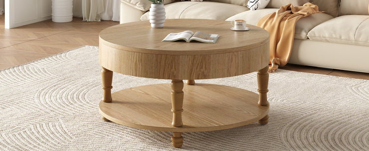Round HouseOfZazla coffee table with lift-top, dual storage compartments, made of wood, ideal for living room or lounge area.