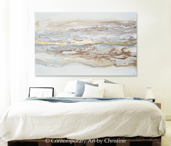 Abstract gold leaf canvas print by Christine featuring beige, cream, and grey tones, perfect for contemporary home decor.