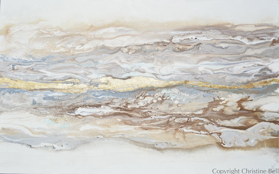 Abstract gold leaf canvas wall art by Christine featuring neutral beige, cream, grey, and white tones with coastal-inspired design.