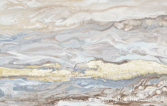 Abstract gold leaf canvas print by Christine, featuring neutral beige, gold, grey, and white tones in contemporary coastal wall art.