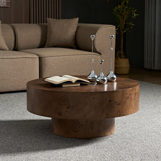 Round coffee table with burl wood veneer top and walnut pedestal base, stylish HouseOfZazla coffee table for living rooms.