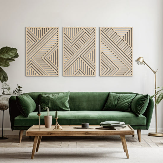 Three-panel geometric wooden wall art set by VARBROS featuring CNC laser-cut modern minimalist decor for contemporary interior walls.