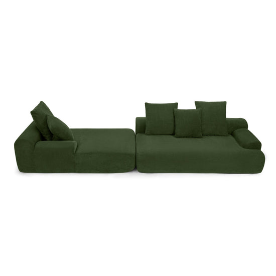 Green velvet L-shaped sectional sofa by HouseOfZazla, modern modular couch with plush upholstery and spacious seating.