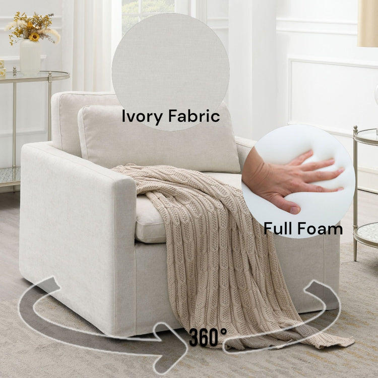 HouseOfZazla Naveen swivel lounge chair with toss pillow, modern design, 360-degree rotation, comfortable seating for living room.