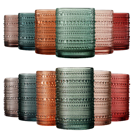Set of 12 Khen Site tonal hobnail highball and lowball glasses, 14 oz and 11 oz, with textured glass design.