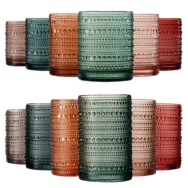 Set of 12 Khen Site tonal hobnail highball and lowball glasses, 14 oz and 11 oz, with textured glass design.