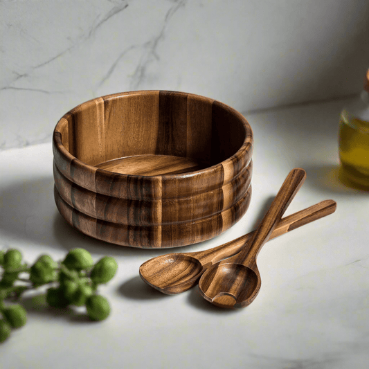 Acacia Wood Salad Bowl with Servers – Handcrafted Large Wooden Serving Bowl - Modern Home & Kitchen