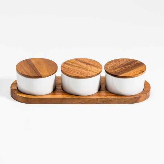 Set of 3 Ceramic Bowls with Acacia Wood Lids and Base – Elegant Kitchenware - Modern Home & Kitchen