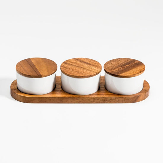 Set of 3 Ceramic Bowls with Acacia Wood Lids and Base – Elegant Kitchenware - Modern Home & Kitchen