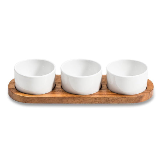 Set of 3 Ceramic Bowls with Acacia Wood Lids and Base – Elegant Kitchenware - Modern Home & Kitchen