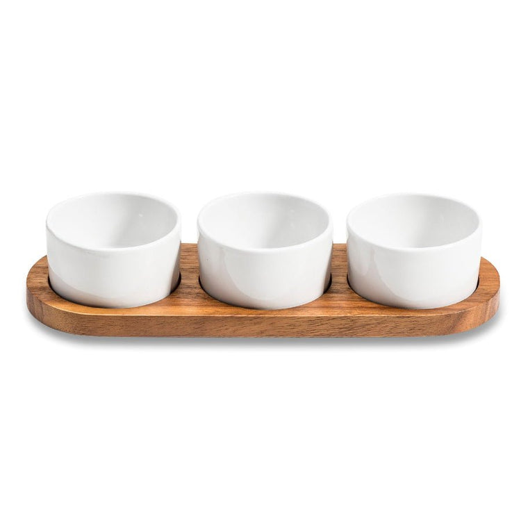Set of 3 Ceramic Bowls with Acacia Wood Lids and Base – Elegant Kitchenware - Modern Home & Kitchen